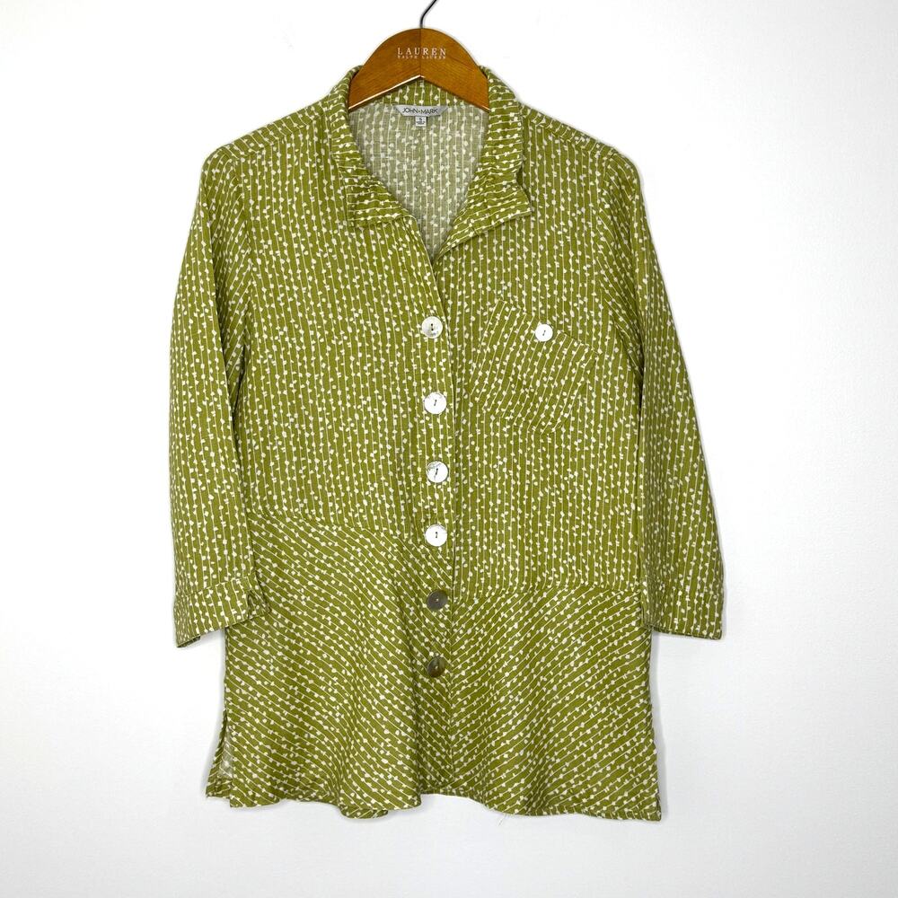 John Mark Linen Top Small Green/White‎ Button Front